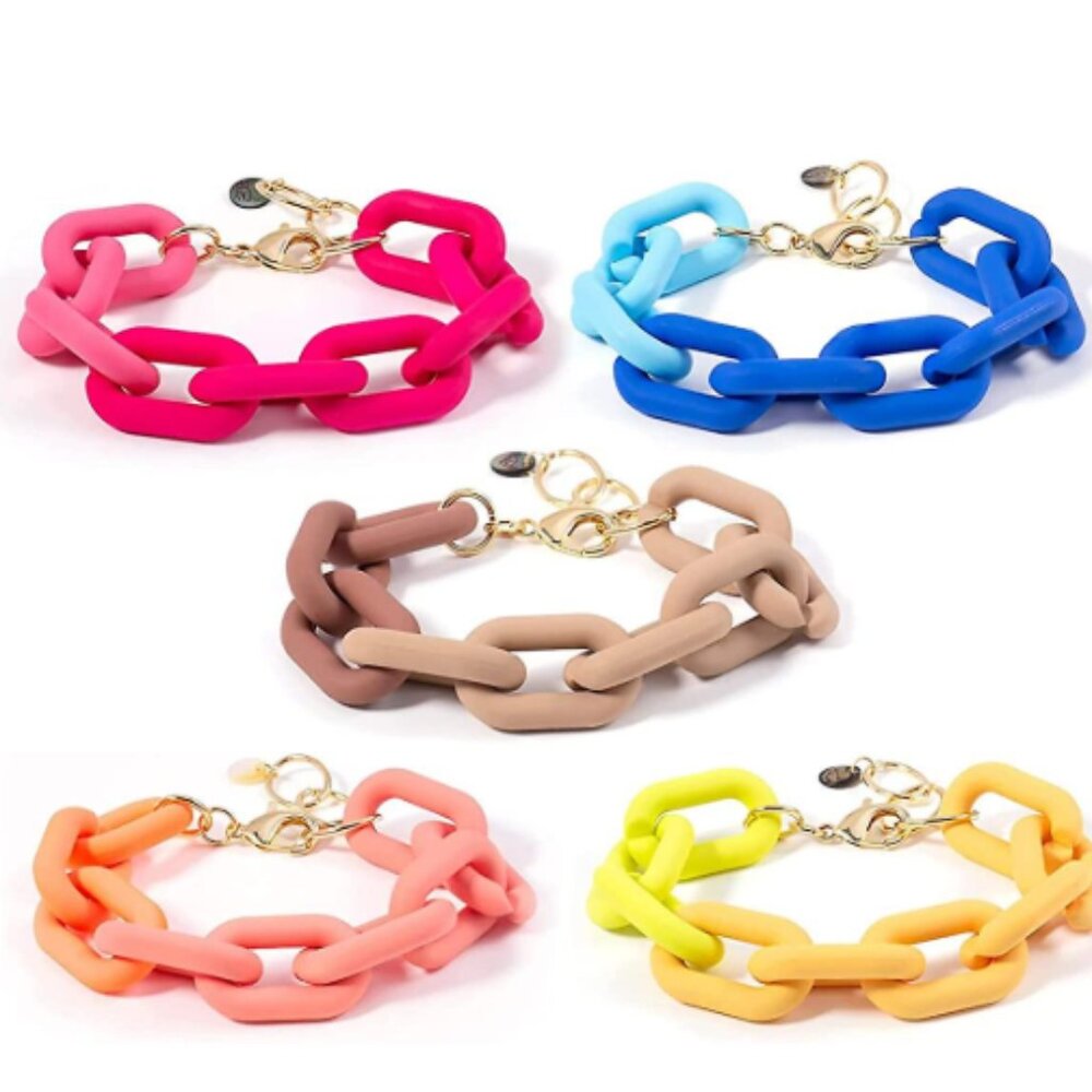 💙💚 Chunky Resin Chain Link Bracelet – Adjustable Lobster Clasp – Coral/Orange